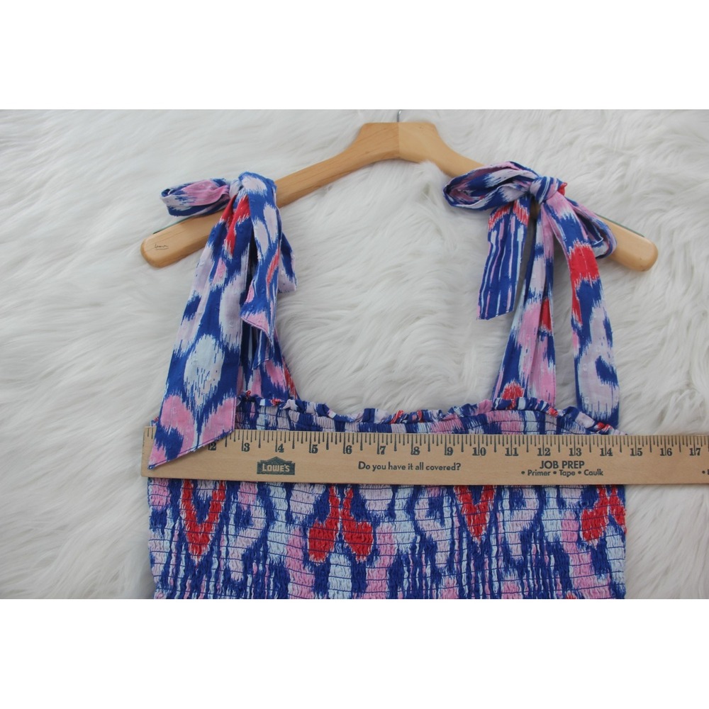Crown & Ivy Maxi Dress PM Blue Ikat Print Cotton Swiss Dot Smocked Tie NWT #664 - Picture 3 of 14